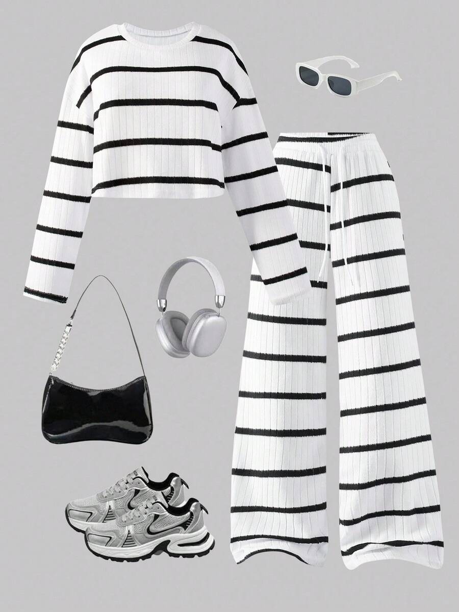 女士休闲宽松落肩圆领T恤搭配毛边罗纹抽绳阔腿裤两件套，适合日常出游 - 白色 - 查看 1