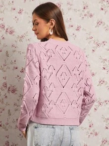 Enchnt Fall/Winter Romantic Women's Elegant Pink Round Neck Long Sleeve Hollow Design Casual Sweater, Autumn,Sweet&Elegant&Fashionable For Date&Afternoon Tea&Office&Going Out,Fall Sweater For Women,Autumn Clothes - Pink - View 6
