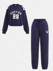 SHEIN Leap Crew Teen Girls Casual Loose V-Neck Pullover Hoodie & Printed Drawstring Waist Sweatpants 2-Piece Set, Autumn/Winter Fall - Navy Blue - View 10
