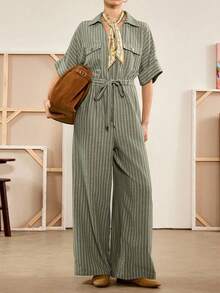 Florisole 女式条纹腰带口袋翻领短袖休闲连体裤