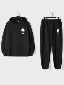 EURMUSE Cotton Men's Plain Solid Color Minimalist Letter Printed Two Pieces Set - Chocolate Brown - View 8