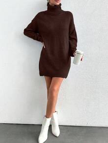 EURMUSE Women's Solid Color Turtleneck Casual Versatile Long Sleeve Sweater Dress - Coklat - View 3