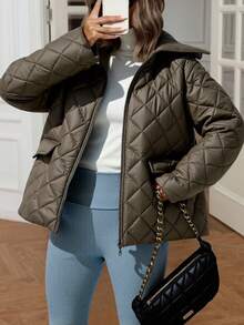 EURMUSE 女士纯色拉链口袋加厚冬季外套 - 卡其色 - 查看 1