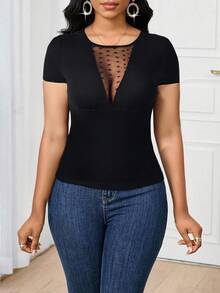 SHEIN Lady 撞色心形印花网眼T恤 女士秋季服装 秋季服装 - 黑色 - 查看 8