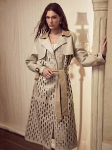MOTF PREMIUM WOMEN'S AUTUMN/WINTER FASHION HOLLOW OUT CONTRAST COLLAR PU PATCHWORK TRENCH COAT - Light Grey - View 4
