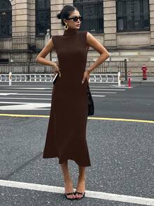 DAZY 女式纯色修身腰高领短袖优雅长款毛衣裙，秋冬 - 咖啡棕 - 查看 4