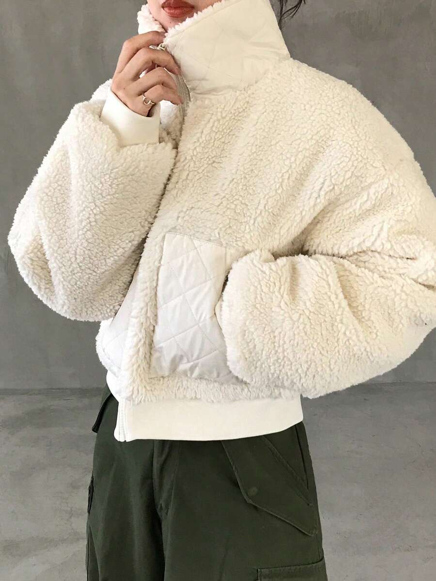 FRIFUL 女式白色羊羔绒领钻石绗缝宽松休闲下摆罗纹棉服外套，带大口袋，秋季夹克 - 白色 - 查看 1