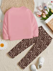 SHEIN Bộ 2 quần nỉ dài tay cổ tròn in họa tiết da báo dễ thương cổ điển dành cho bé gái, phù hợp cho mùa thu/đông - Nhiều màu - Xem 3