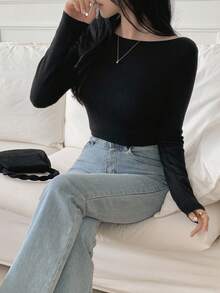 DAZY 1 件女士露肩修身针织毛衣，秋季长袖套头衫 - 黑色 - 查看 4