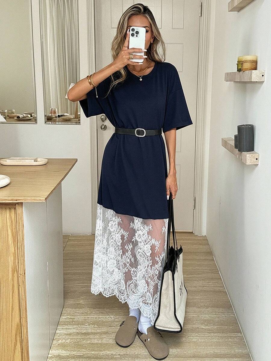 SHEIN LUNE Camiseta holgada de manga corta de cuello redondo y unicolor, y vestido de encaje, de moda para salidas y viajes - Azul y blanco - Ver 1