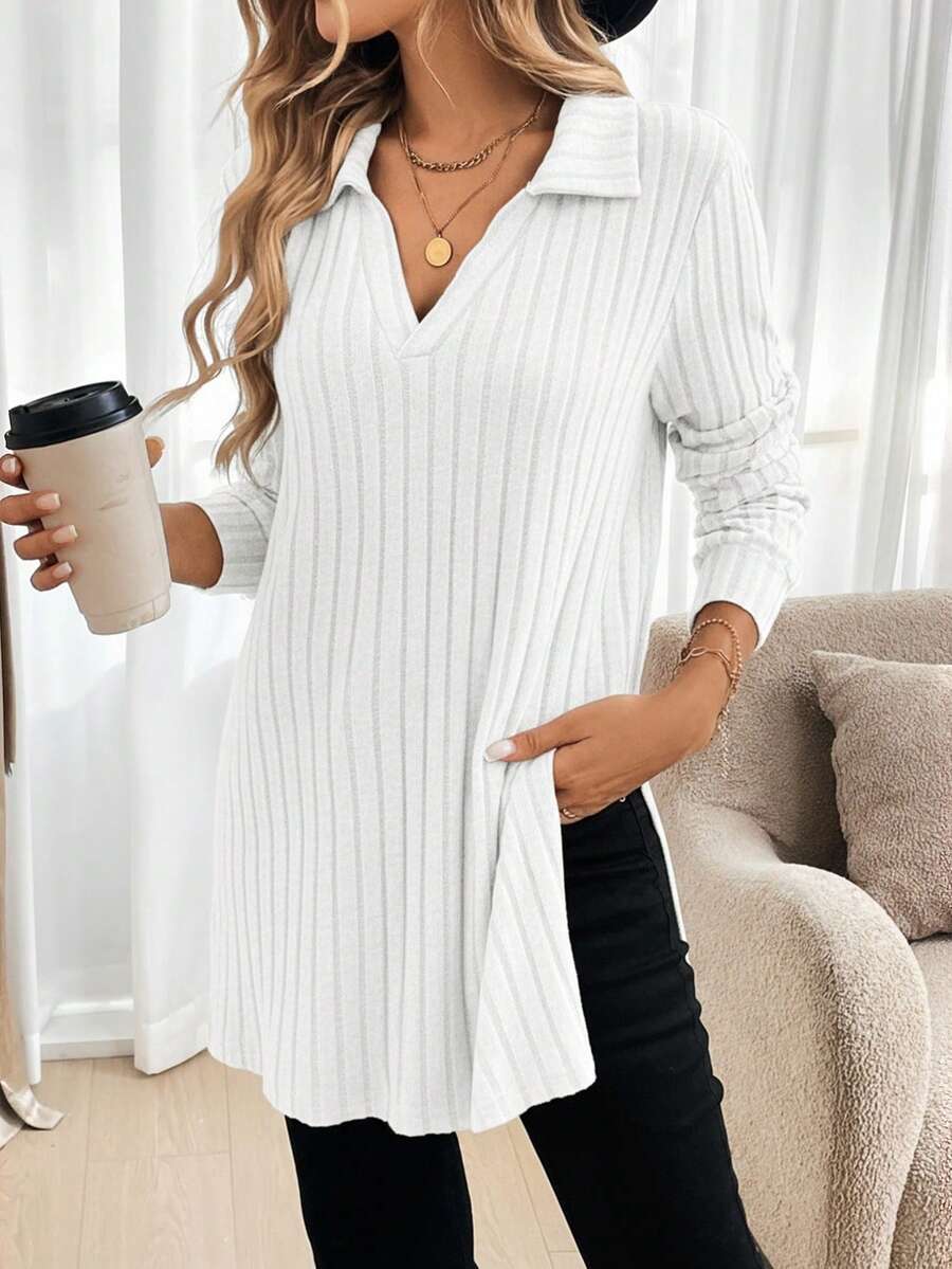 SHEIN LUNE 女式秋冬毛绒罗纹 Polo 领长袖长 T 恤 - 白色 - 查看 1