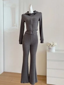Conjunto de 2 piezas de ropa deportiva de punto casual de otoño gris estilo coreano para adolescentes, sudadera holgada y chic ajustada & pantalones acampanados - Gris Oscuro - Ver 3