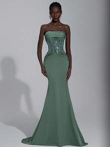 Elitara Elegant Gray-Green Gorgeous Beaded Sequined Satin Stitching Tube Top With Mesh Waist, See-Through Waist, Slimming Pleats, Fishtail Train. Suitable For Wedding Events, Autumn And Winter Party Dresses, Wedding Guests, Women's Luxury Evening Dress, Halloween And Christmas Dress.