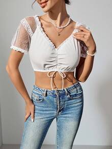 SHEIN LUNE Contrast Lace Trim Asymmetrical Hem Crop Shirt For Women, Milky White, Dirndl - White - View 5