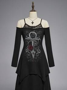 ROMWE Gothic Style Off Shoulder Strap Asymmetric Hem Contrast Lace Long Sleeve Off-Shoulder Women T-Shirt - Black - View 1