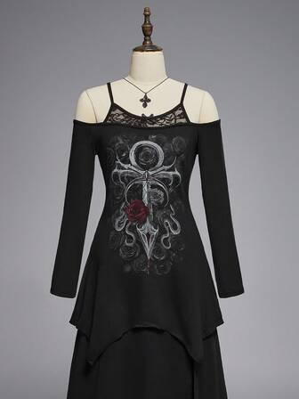 Gothic Style Off Shoulder Strap Asymmetric Hem Contrast Lace Long Sleeve Off-Shoulder Women T-Shirt