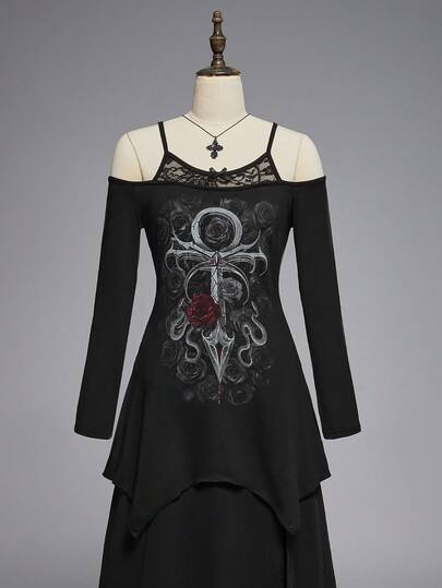 Gothic Style Off Shoulder Strap Asymmetric Hem Contrast Lace Long Sleeve Off-Shoulder Women T-Shirt