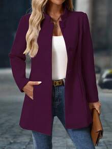 EMERY ROSE Áo khoác ngoài dày cổ đứng dài vừa phải, tay dài, thường ngày cho nữ, mùa thu/đông - Màu đỏ tím - Xem 1