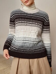 SHEIN LUNE 优雅圆领长袖多色扭绳宽松羊毛套头衫，适合女士通勤，秋冬 - 彩色 - 查看 4