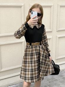 SHEIN 青少年女孩梭织格子紧身休闲连衣裙 - 黑色 - 查看 5