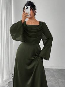 Modelyn Vestido de línea A de manga larga con cintura ceñida y patchwork de tallas grandes - Verde - Ver 1