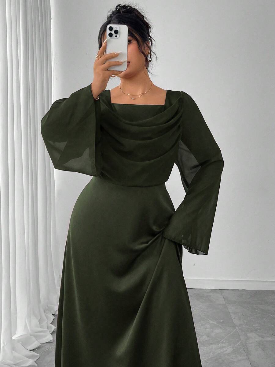 Modelyn Vestido de línea A de manga larga con cintura ceñida y patchwork de tallas grandes - Verde - Ver 1