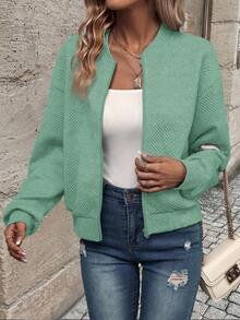 EMERY ROSE Women's Solid Color Long Sleeve Zip-Up Collar Casual Baseball Jacket - Green - View 3