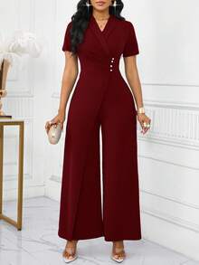 SHEIN Lady 女士纯色交叉裹身无袖连体裤，优雅夏日 - 酒紅色 - 查看 3