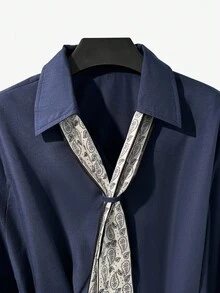 INAWLY Plus Size Women Bow Tie Collar Single-Breasted Casual/Work Shirt, Long Sleeve - Navy Blue - View 3