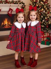 SHEIN Robe décontractée pour jeune fille avec col claudine en tartan tressé et broderie - Rouge - Voir 8