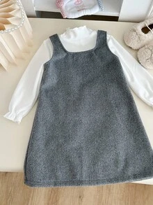Genkimix Kids 两件套：女童可爱白色针织T恤搭配天鹅绒蝴蝶结灰色A字连衣裙，韩版秋冬装 - 彩色 - 查看 5
