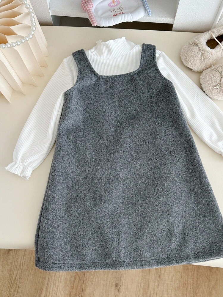 Genkimix Kids 两件套：女童可爱白色针织T恤搭配天鹅绒蝴蝶结灰色A字连衣裙，韩版秋冬装 - 彩色 - 查看 5