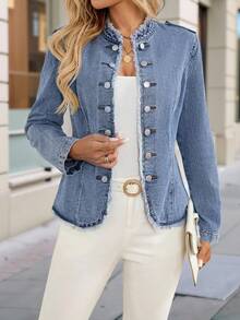 EMERY ROSE Novos Lançamentos: Jaquetas e Casacos Denim Femininos, Ajustados na Cintura e com Gola Alta, Looks de Outono para Mulheres, Roupas de Inverno, Fantasias de Halloween, Roupas Femininas de Natal, Blusas para Sair, Blazer Chique Feminino, Jaqueta Denim Azul Feminina, Jaqueta Denim Feminina, Jaqueta Denim Cropped Feminina - Lavagem Média - Visão 1