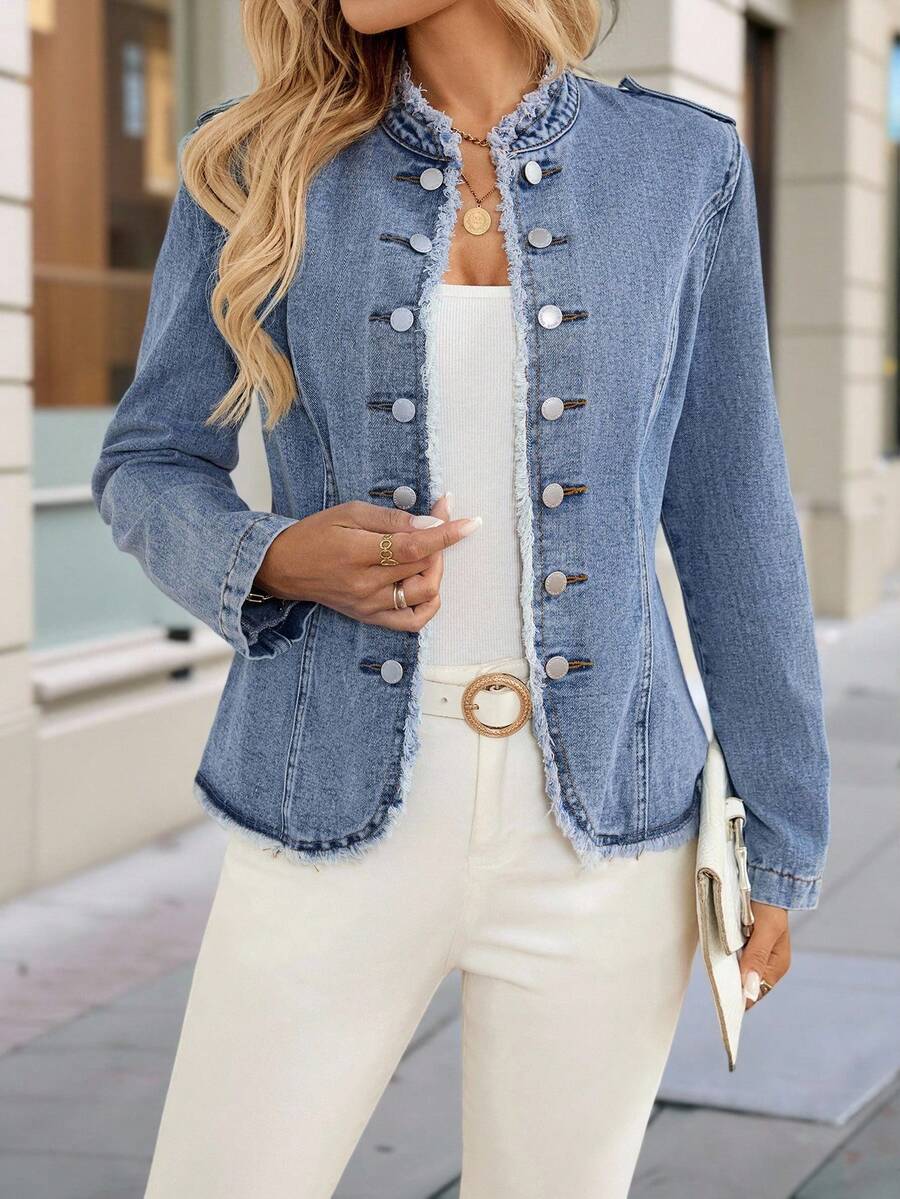 EMERY ROSE Novos Lançamentos: Jaquetas e Casacos Denim Femininos, Ajustados na Cintura e com Gola Alta, Looks de Outono para Mulheres, Roupas de Inverno, Fantasias de Halloween, Roupas Femininas de Natal, Blusas para Sair, Blazer Chique Feminino, Jaqueta Denim Azul Feminina, Jaqueta Denim Feminina, Jaqueta Denim Cropped Feminina - Lavagem Média - Visão 1