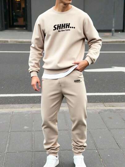 SHEIN 2件套青少年男童休闲标语印花卫衣和抽绳运动裤套装，简约纯色基础款，适合居家、通勤、上学、日常休闲、度假、户外、派对、秋冬季青少年运动套装，秋冬季运动服慢跑套装，嘘，没人关心套装，男士家居服套装，圆领卫衣和运动裤，运动裤和卫衣套装