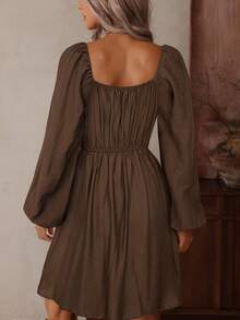 LanaWest Váy ngắn phong cách Bohemian cổ điển màu mơ thời trang cho nữ, tay dài, cạp chun, viền rộng, cổ chữ V khoét rỗng, chắp vá, thu đông - Cà phê nâu - Xem 2