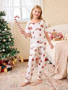 Tween Girl Santa Claus Print Casual Pajama Set, Christmas - White - View 4