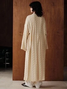 Uhlyne 女士时尚口袋线休闲长袖针织开衫，秋冬 - 杏色 - 查看 2