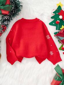 SHEIN Áo len dài tay cổ tròn họa tiết tuần lộc Giáng sinh tối giản cho bé trai, màu đỏ - Đỏ - Xem 2