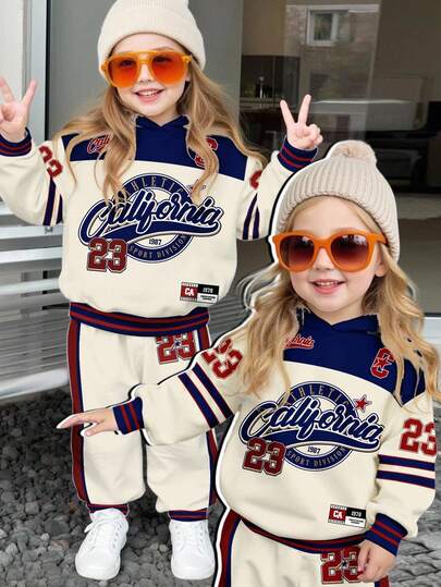 SHEIN 女婴复古运动数字 23 印花运动服，休闲宽松舒适柔软针织连帽运动衫套装，适合秋冬季