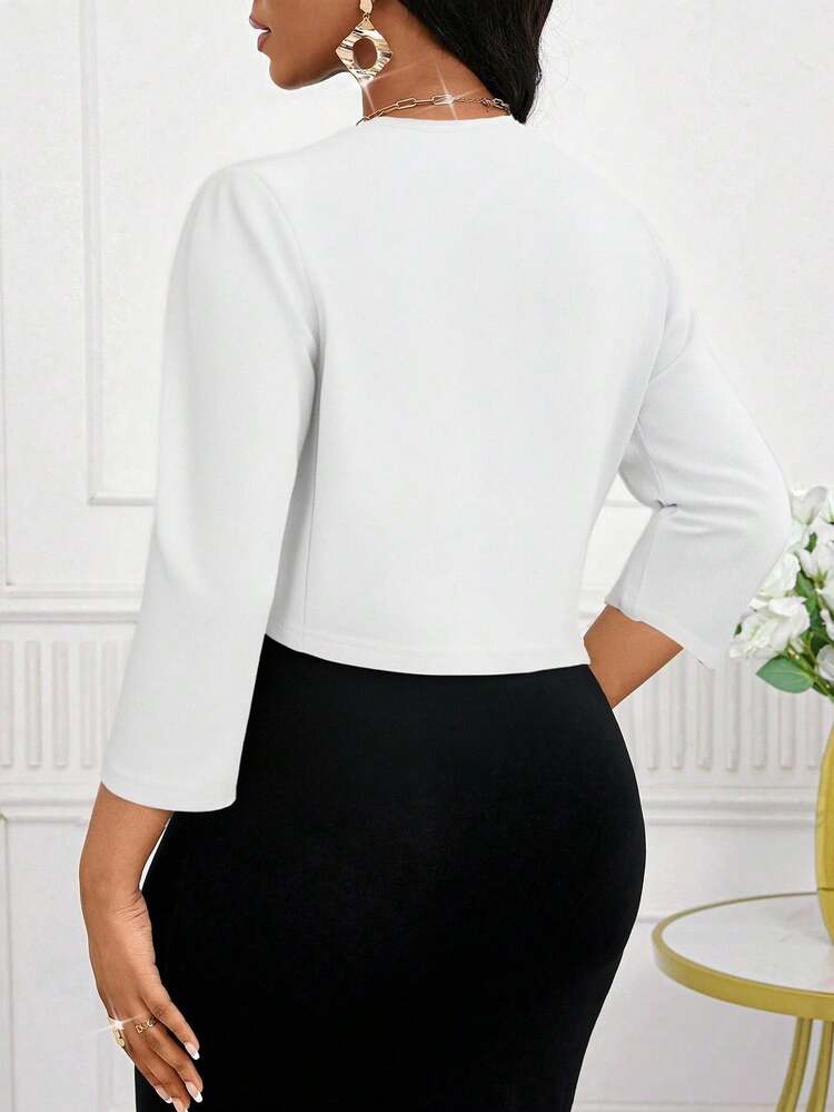 SHEIN Lady Blazer minimalista de unicolor de manga corta para uso diario, ropa de otoño, ropa de mujer, chaqueta de invierno para mujer - Blanco - Ver 2