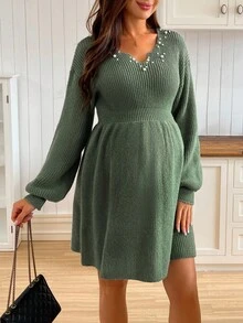 SHEIN 珍珠装饰休闲长袖收腰孕妇毛衣裙 - 墨綠色 - 查看 4
