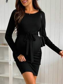 SHEIN 休闲日常百搭长袖抽绳宽松针织弹力黑色中长孕妇连衣裙 - 黑色 - 查看 5