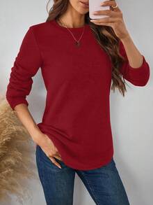 EMERY ROSE Sudadera de cuello redondo roja sólida y casual para mujer, de manga larga y gruesa, estilo todo a juego adecuado para otoño/invierno - Rojo - Ver 4