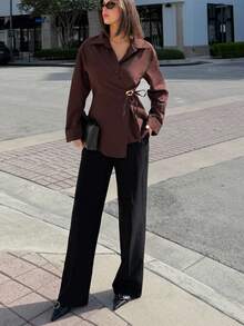 Siren Gaze 女士纯色系带衬衫，适合通勤 - 棕色 - 查看 3