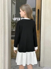 SHEIN Serisse Kids 青少年女孩黑白拼色珍珠纽扣拼布白色下摆连衣裙 - 黑與白 - 查看 3