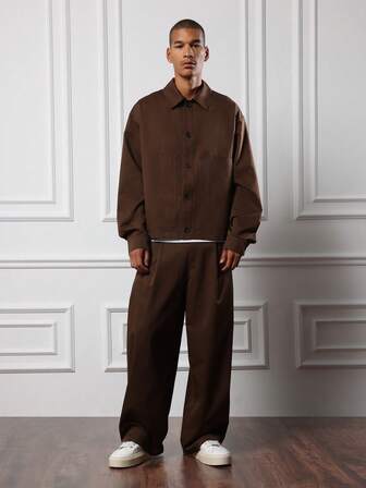 SUMWON 미니멀리스트 오버사이즈 박시 칼라 오버셔츠 및 와이드 레그 팬츠 세트 가을 겨울 캐주얼 스트리트 스타일 컨템포러리 패션 루즈핏 투피스 의상