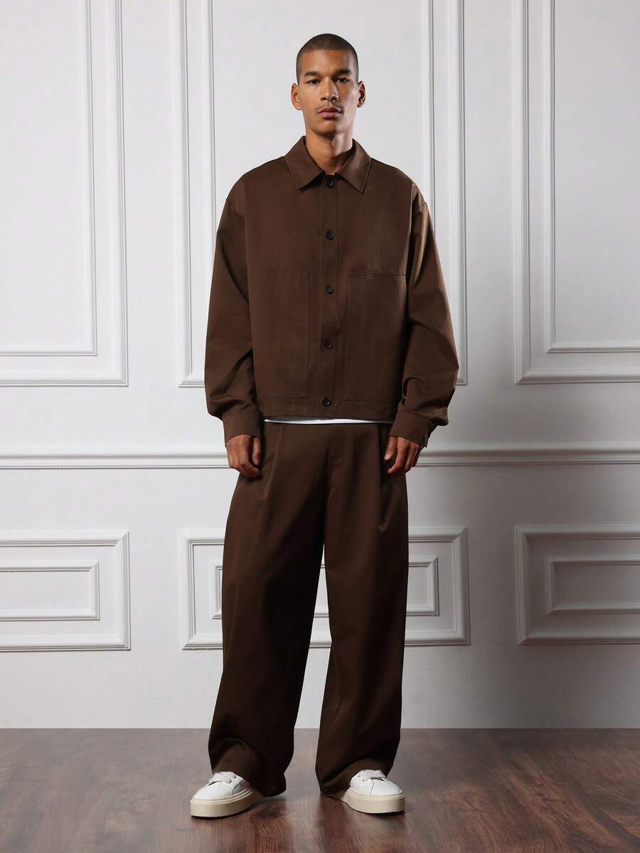 SUMWON مجموعة قميص كبير مربع مع طوق وبنطال ساق واسعة، طراز الشارع الكاجوال للخريف والشتاء، موضة معاصرة بقصة فضفاضة من قطعتين - بني - مشاهدة 1