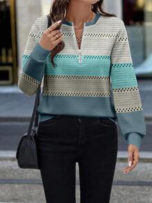 EMERY ROSE Women's Casual Green And Gray Striped Front Half-Zip Crew Neck SweatshirtIn Fall/Winter - Multicolor - View 3