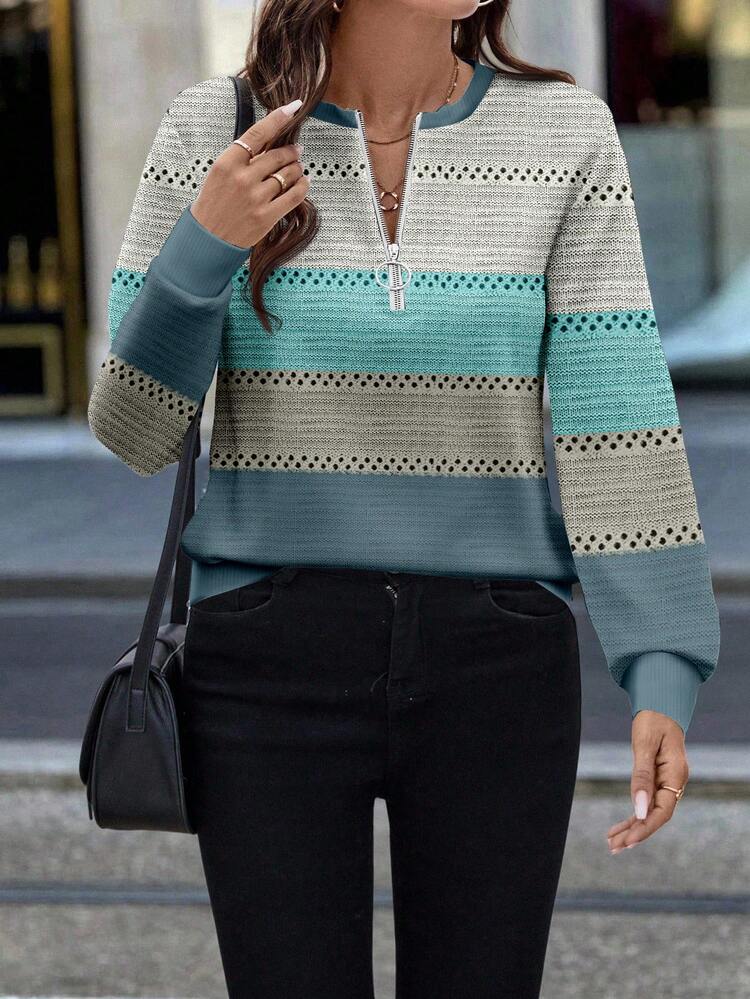 EMERY ROSE 女式休闲绿灰条纹前半拉链圆领运动衫 - 彩色 - 查看 3